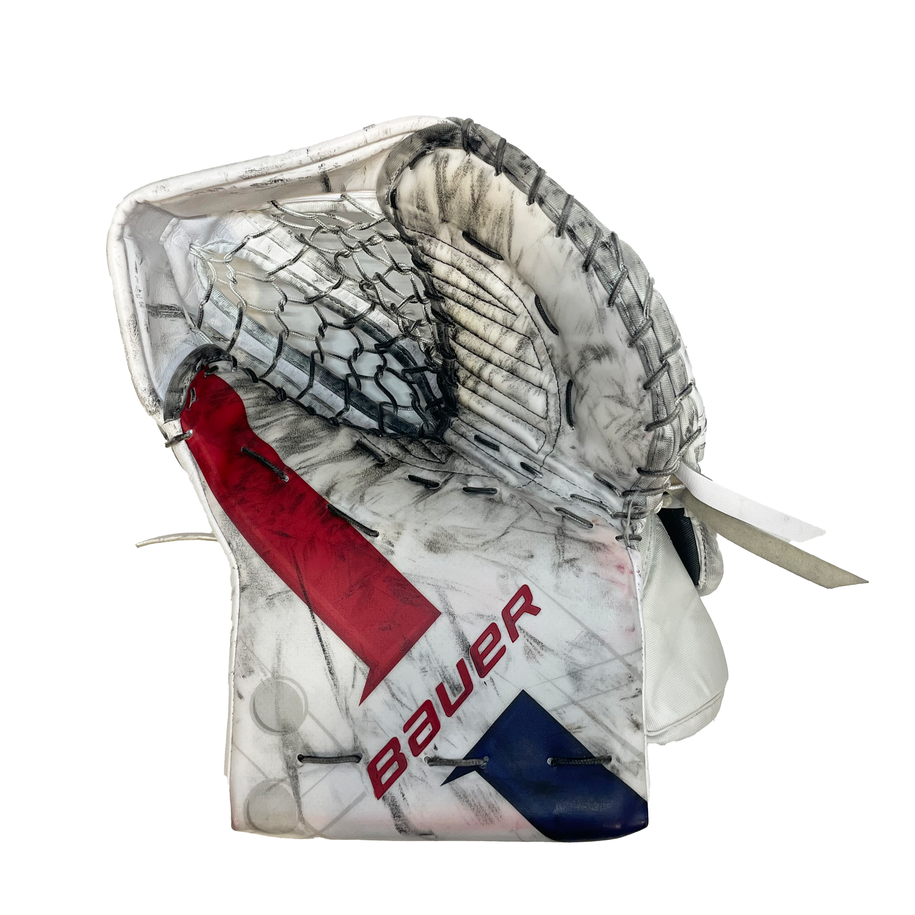 Bauer Supreme Mach - Gant de gardien Cayden Primeau NHL Pro Stock d'occasion - Canadiens de Montréal (blanc/rouge/bleu)